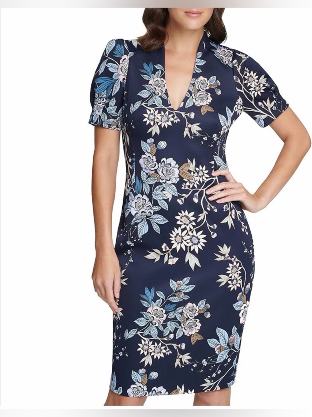 Vince Camuto Black Floral V-Neck Midi Dress with Blue and Pink Accents